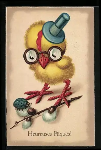 AK Osterküken mit Hut und Brille