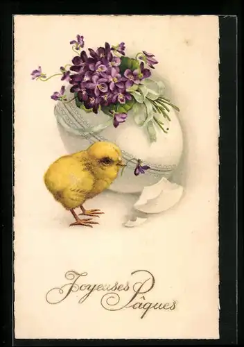 AK Osterküken mit Veilchen im Schnabel