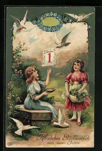 Lithographie Herzlichen Glückwunsch zum neuen Jahre, Mädchen mit Glücksklee, Tauben bringen Kalenderblatt