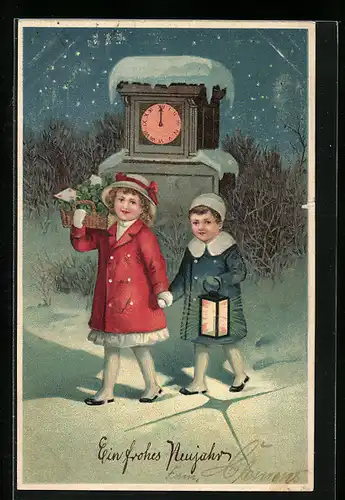 AK Kinder mit Laterne im Schnee und Korb voller Kleeblättern