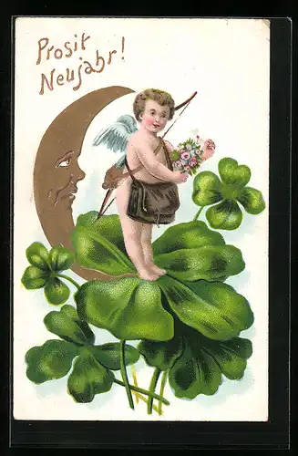 AK Amor mit Brief auf Kleeblatt