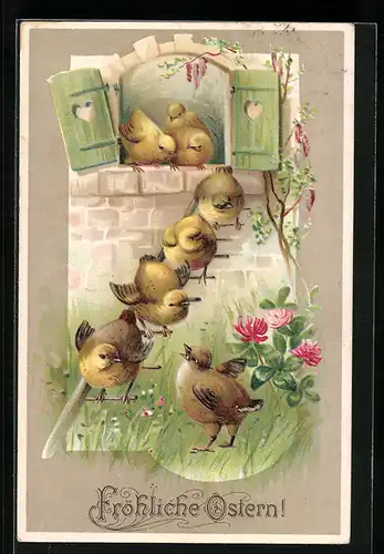 AK Osterküken klettern eine Hühnerleiter hinunter, Fröhliche Ostern