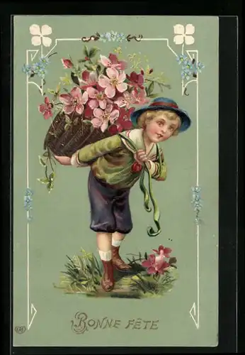 AK Junge mit Blumenkorb, Kleeblatt-Elemente