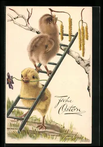 AK Osterküken klettern eine Leiter hinauf