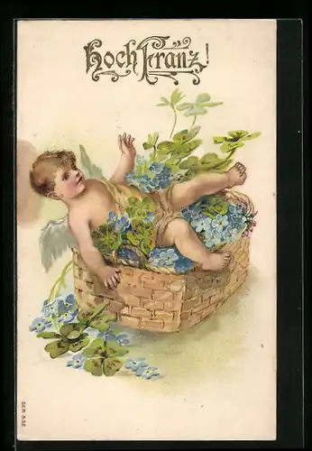 AK Engelchen im Korb voller Vergissmeinnicht und Kleeblättern
