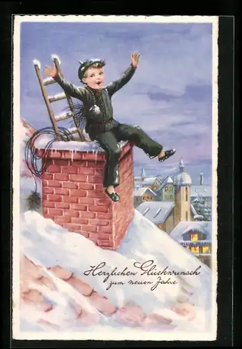 AK Schornsteinfeger auf dem Dach im Schnee