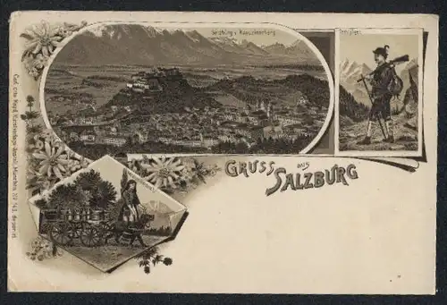 Lithographie Salzburg, Gemsjäger, Totalansicht mit Kapuzinerberg, Milchmädchen mit Hundegespann