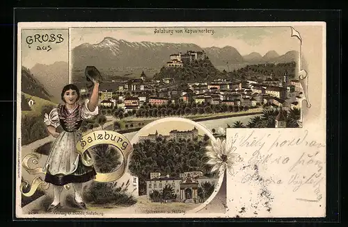 Lithographie Salzburg, Totalansicht vom Kapizinerberg, Festung