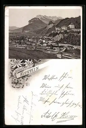 Lithographie Kufstein, Totalansicht mit Bergpanorama