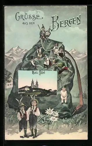 AK Maria Taferl, Wallfahrtskirche, Kinder klettern auf Bergsteigerrucksack