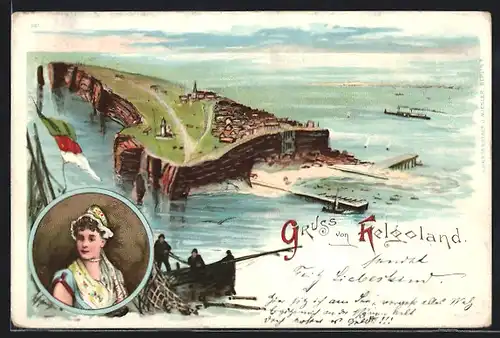 Lithographie Helgoland, Ortsansicht, Frau in Tracht