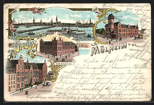 Lithographie Mülheim a. Rh., Ortsansicht mit Dampfer, Post, Realgymnasium