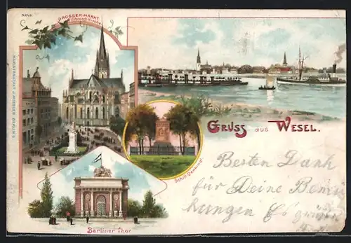 Lithographie Wesel, Ortsansicht, Grosser Markt mit Willibrordi-Kirche