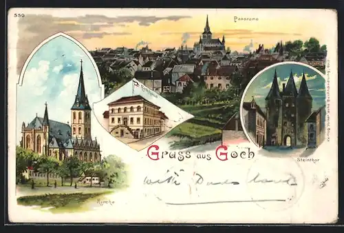 Lithographie Goch, Kirche, Rathaus, Panorama, Steintor