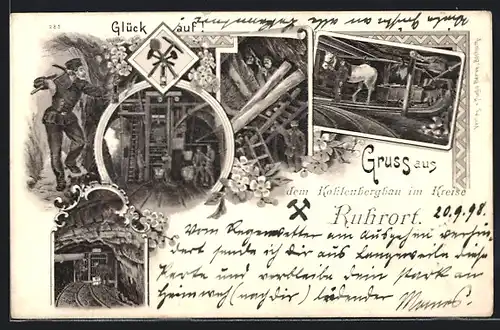 Lithographie Glück auf!, Bergleute bei Arbeiten in der Mine, verschiedene Szenen