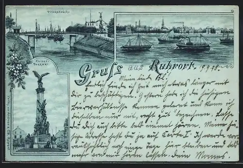 Mondschein-Lithographie Ruhrort, Winckerbrücke, Kaiser-Denkmal