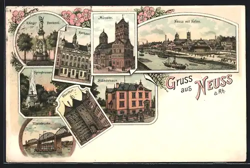 Lithographie Neuss a. Rh., Dampfer am Hafen, Münster, Rheinbrücke