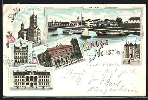Lithographie Neuss a. Rh., Dampfer am Hafen, Münster, Rathaus