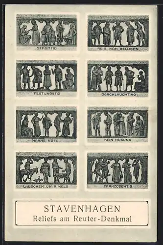 AK Stavenhagen, Reliefs am Reuter-Denkmal