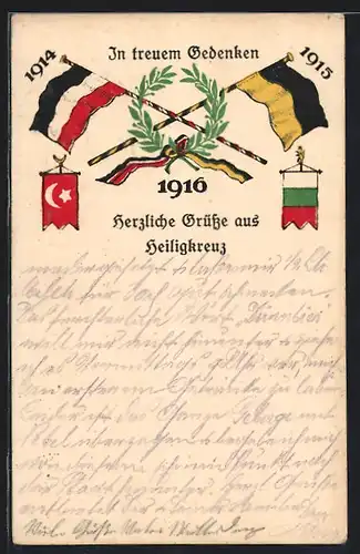 AK Heiligkreuz, Im Gedenken 1914 /15, Flaggen