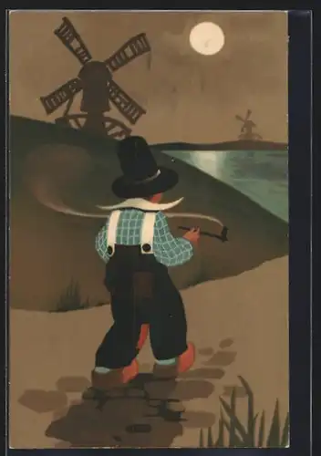 AK Pfeifenraucher in Klompen auf dem Heimweg, Windmühle