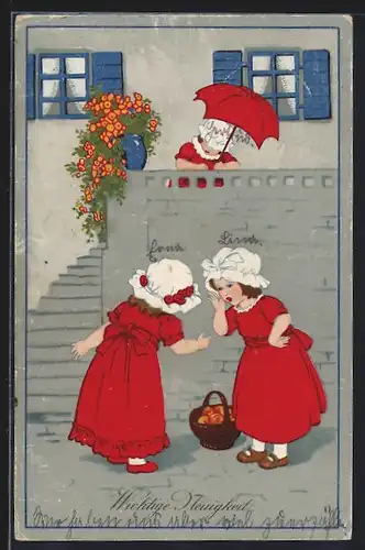 Künstler-AK Meissner & Buch (M&B) Nr.2245: Mädchen in rotem Kleid & Hüten tuscheln