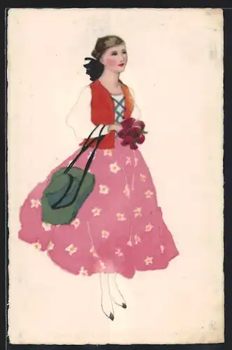 Künstler-AK Meissner & Buch (M&B) Nr. 2387: Junge Frau im rosen Rock mit grünem Hut