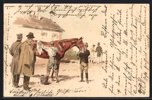Künstler-AK Meissner & Buch (M&B) Nr. 1093: Nach dem Rennen, Pferd wird gestriegelt