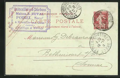 AK Neuville-aux-Bois, Geschäftskarte Quincaillerie & Charbons, Maison E. Duval, Poirel