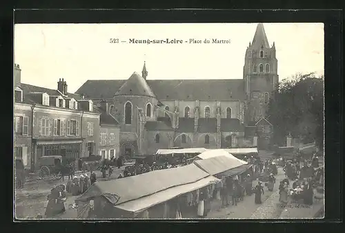 AK Meung-sur-Loire, Place du Martroi, Markt bei der Kirche