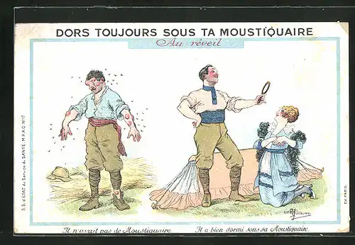Künstler-AK Albert Guillaume: Mann mit Mückenstichen und Mann ohne Stiche, Reklame für Mückennetze, Moustiquaire