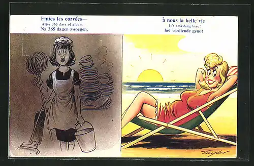 Künstler-AK Arnold Taylor: Dienstmädchen mit Eimer und Schrubber in der Küche, junge Frau am Strand