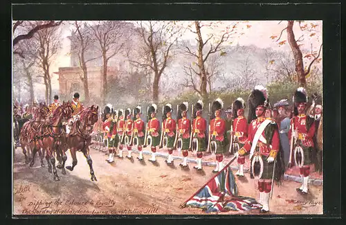 Künstler-AK Harry Payne: Dipping the Colours to Royalty, The Gordon Highlanders lining Constitution Hill