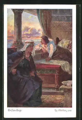 Künstler-AK Georg Mühlberg: Tristan-Sage, Zu Tode verwundet erwartet Tristan die Ankunft Isoldes