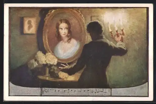 Künstler-AK Brüder Kohn (B.K.W.I) Nr. 766-6: Schubert, Ihr Bild - Blick in Spiegel mit Bildnis der Geliebten