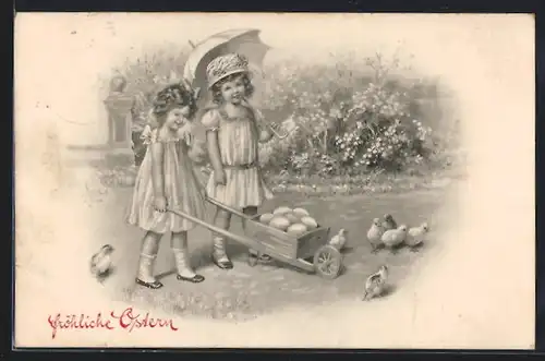 Künstler-AK Brüder Kohn (B.K.W.I) Nr. 4136-3: Ostergruss, Mädchen mit Schubkarre voller Ostereier und Osterküken