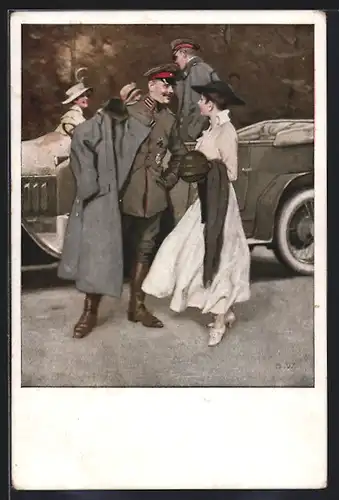 Künstler-AK Brynolf Wennerberg: Am Flugplatz, Soldat und Frauen am Auto