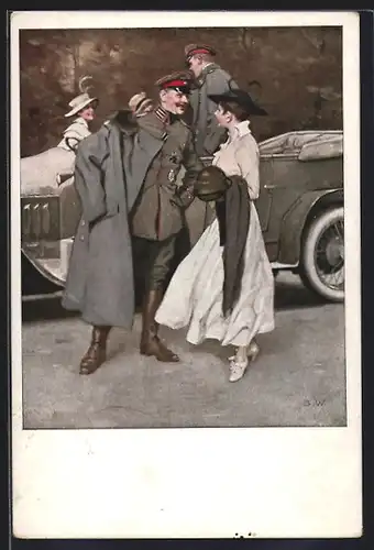 Künstler-AK Brynolf Wennerberg: Am Flugplatz, Soldat und Frauen am Auto