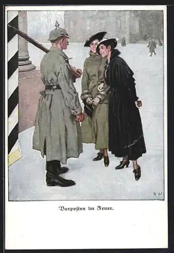Künstler-AK Brynolf Wennerberg: Kriegspostkarte Nr. 2, Vorposten im Feuer, zwei Damen reden mit einem Soldaten