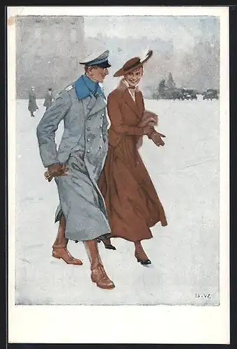 Künstler-AK Brynolf Wennerberg: Soldat und Frau bei einem Renommierbummel