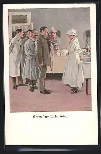 Künstler-AK Brynolf Wennerberg: Schwesters Geburtstag, Dame bekommt Blumenstrauss geschenkt