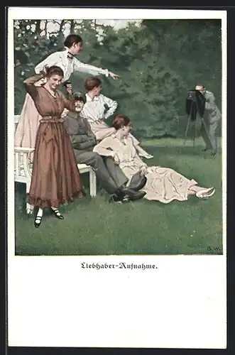 Künstler-AK Brynolf Wennerberg: Junge Damen und Soldat posieren für eine Liebhaber-Aufnahme