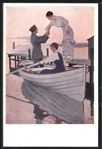 Künstler-AK Brynolf Wennerberg: Soldat mit zwei Frauen am Boot