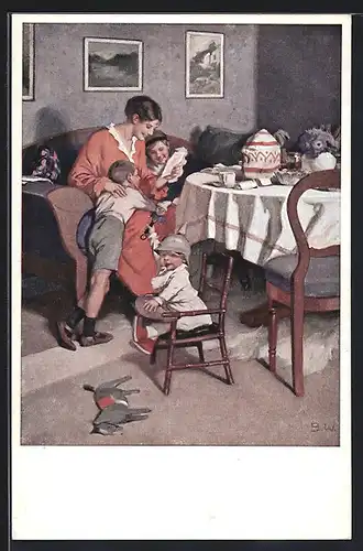 Künstler-AK Brynolf Wennerberg: Gute Nachrichten von der Front, Frau mit Kindern