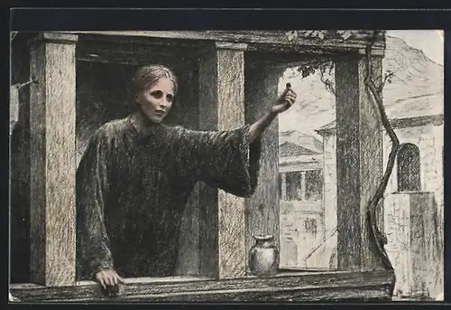 Künstler-AK E. Burnand: der verlorene Groschen, junge Frau mit einer Münze