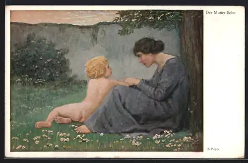 Künstler-AK O. Popp: Mutter mit ihren Sohn auf einer Wiese