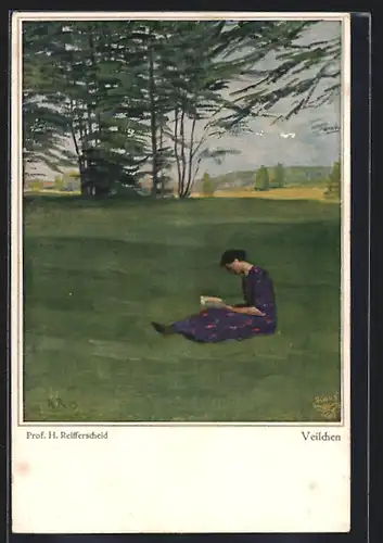 Künstler-AK Wohlgemuth & Lissner, Primus-Postkarte No. 5003: Veilchen, lesendes Mädchen auf Wiese