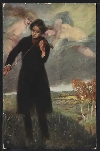 Künstler-AK sign. Nejedly: Inspiration, Geigenspieler von Engelsdamen beobachtet