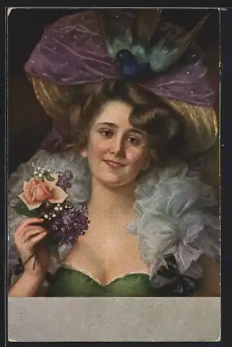 Künstler-AK sign. H. Buchner: Dame mit Strauss und Vogel im Hut