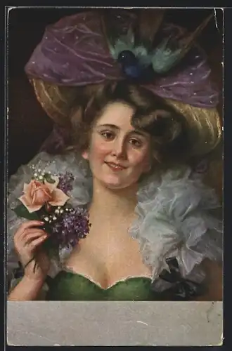 Künstler-AK sign. H. Buchner: Junge Dame mit grossem Hut und Vogel